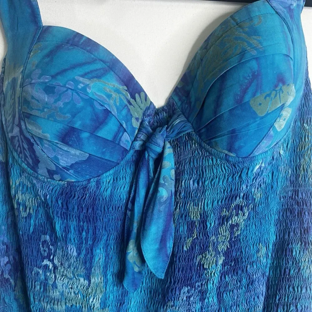 Vintage Ruby’s Moods Swimsuit Womens Sz L Blue Watercolor Pinup 90s Smocked